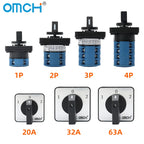 OMCH 1PCS Silver Contact LW26-20/32/63 Universal Switch 3 Position 1-0-2 1/2/3/4 Poles 440V 4/8/12/16Terminals Rotary Cam Switch