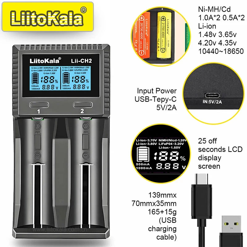 LiitoKala Lii-CH4 Smart Charger for 18650/21700/26650/AA/AAA/Ni-MH/Li-ion,1.2V/1.5V 4-Slot Fast Charge, USB-C, Auto Detect