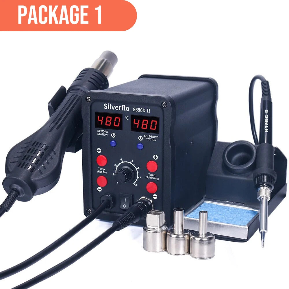 Silverflo 8586D-II Soldering Station 2 IN 1 Soldering Iron Hot Air Station Welding Rework Station With10-Minute Sleep Mode