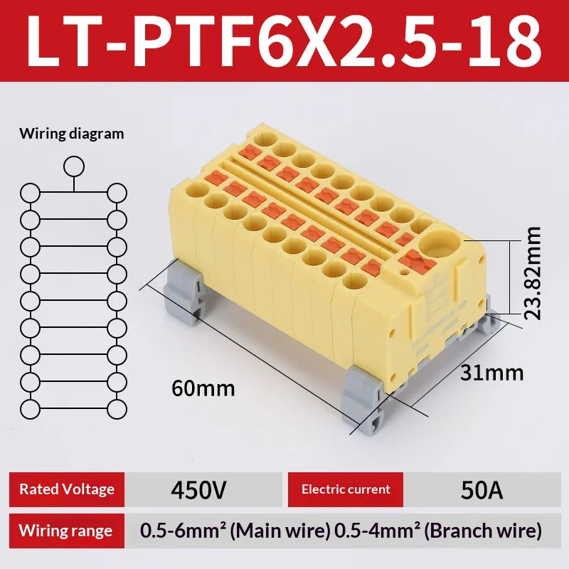 Push-in Terminal Block PTF6X2.5mm One in Multiple Out Splitter Spliceable Wire Connectors DIN Rail Junction Box Electrical Joint