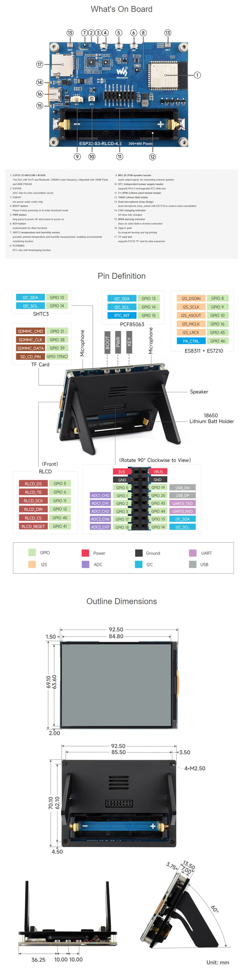 Waveshare ESP32-S3 4.2inch RLCD Deve Board, 300×400, Wi-Fi &BLE, DIY Learning, Dual-mode Communication And AI Voice Interaction