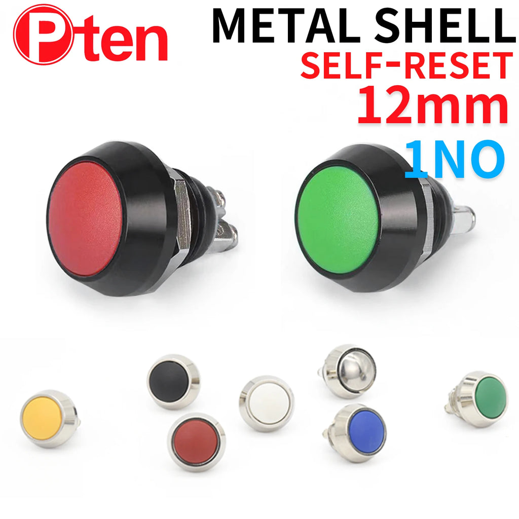 1Pcs 2Pin Mini Switch 12mm  2A waterproof switch  momentary Push button Switch reset Non-locking metal shell 1NO 36V color