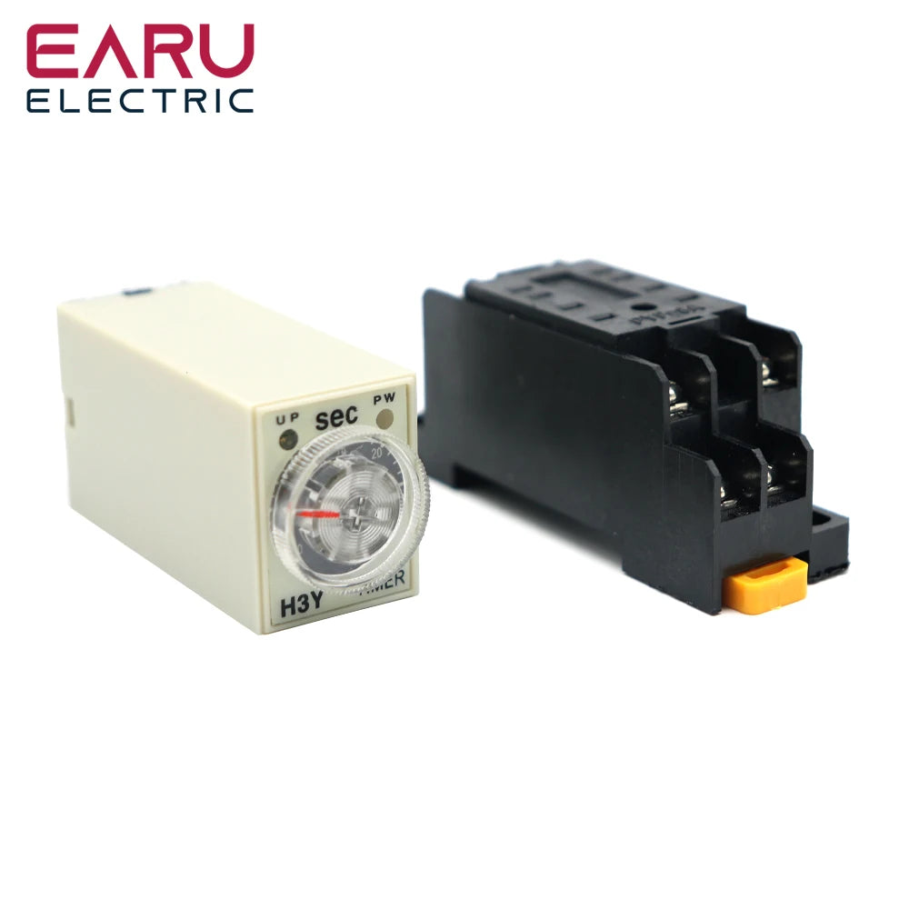H3Y-2 AC220V Delay Timer with Base Socket Power-On Delay Rotary Knob DPDT 0-30s 60Min Adjustable Timer Relay for Home Automation