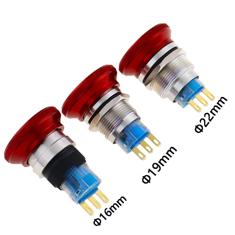 1pc 16mm 19mm 22mm Waterproof Metal Latching Emergency STOP Mushroom Push Button Switch Button Switch Knob Rotary Switch