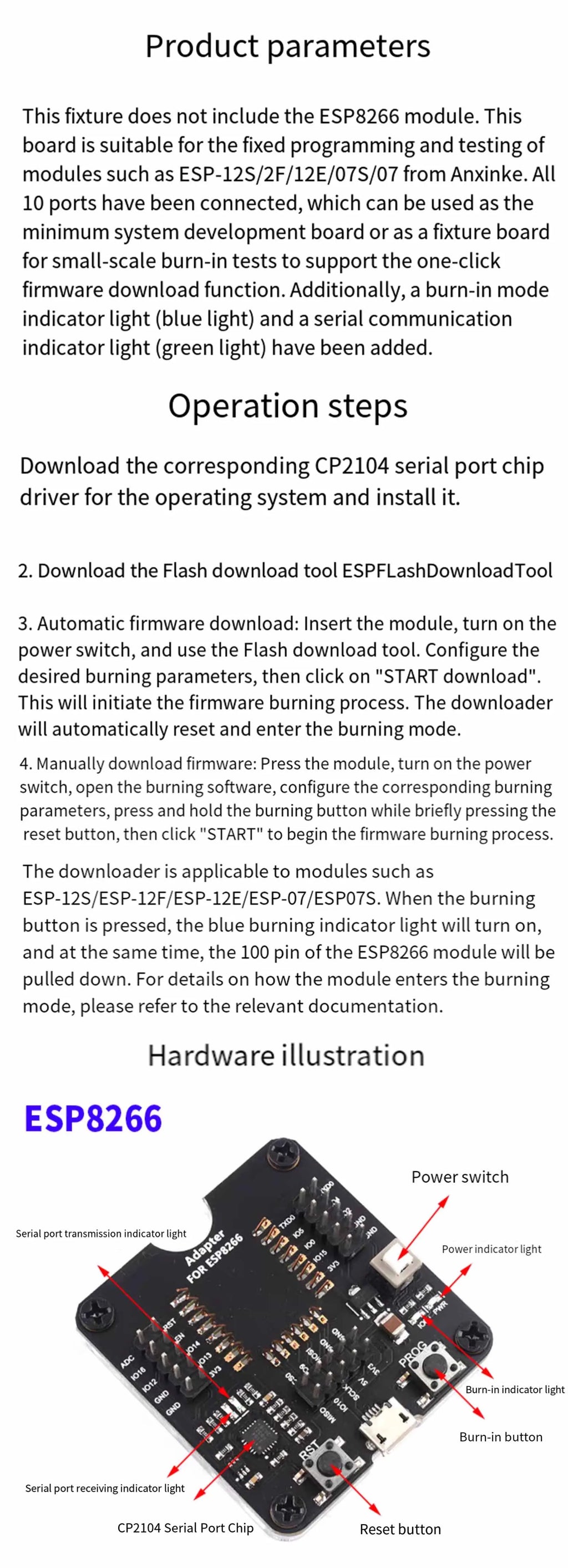 ESP32 ESP8266 Test Fixture Burner, Downloader Programmer for ESP-32 ESP-12F/12S/07S Modules
