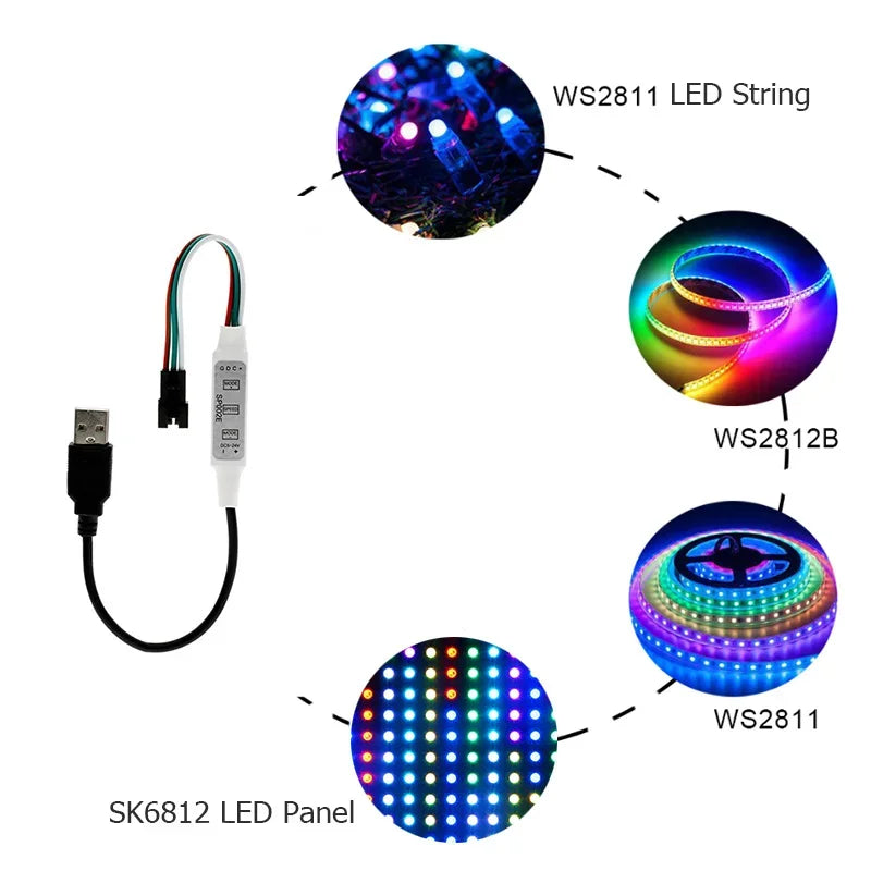SP002E Mini 3Key LED Controller USB DC For RGBIC WS2812B UCS1903 SK6812 Addressable Pixels LED Strip Lights DC5V-24V