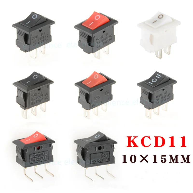 5/10PCS KCD11 Rocker Switch 10*15mm Mini Push Button Switch ON-OFF / ON-OFF-ON 2 Pins / 3 Pins 3A 250VAC / 6A 125VAC 10x15mm