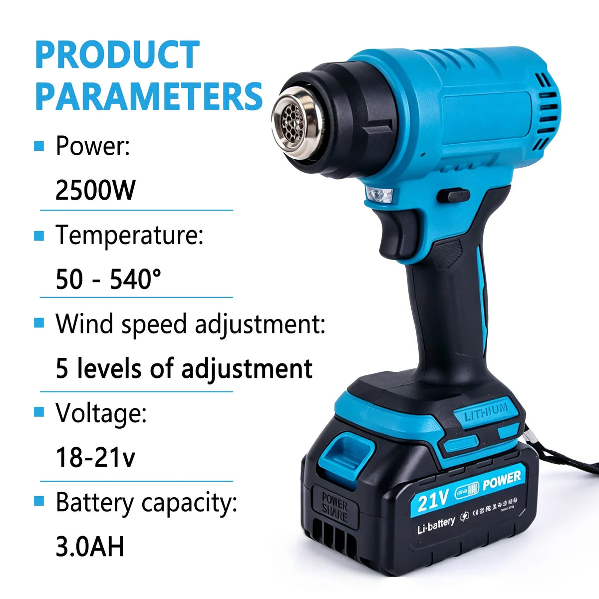New 540℃ Electric Heat Gun Cordless Handheld Hot Air Gun 3 Nozzles Industrial Home Hair Dryer Machine for Makita 18V Battery