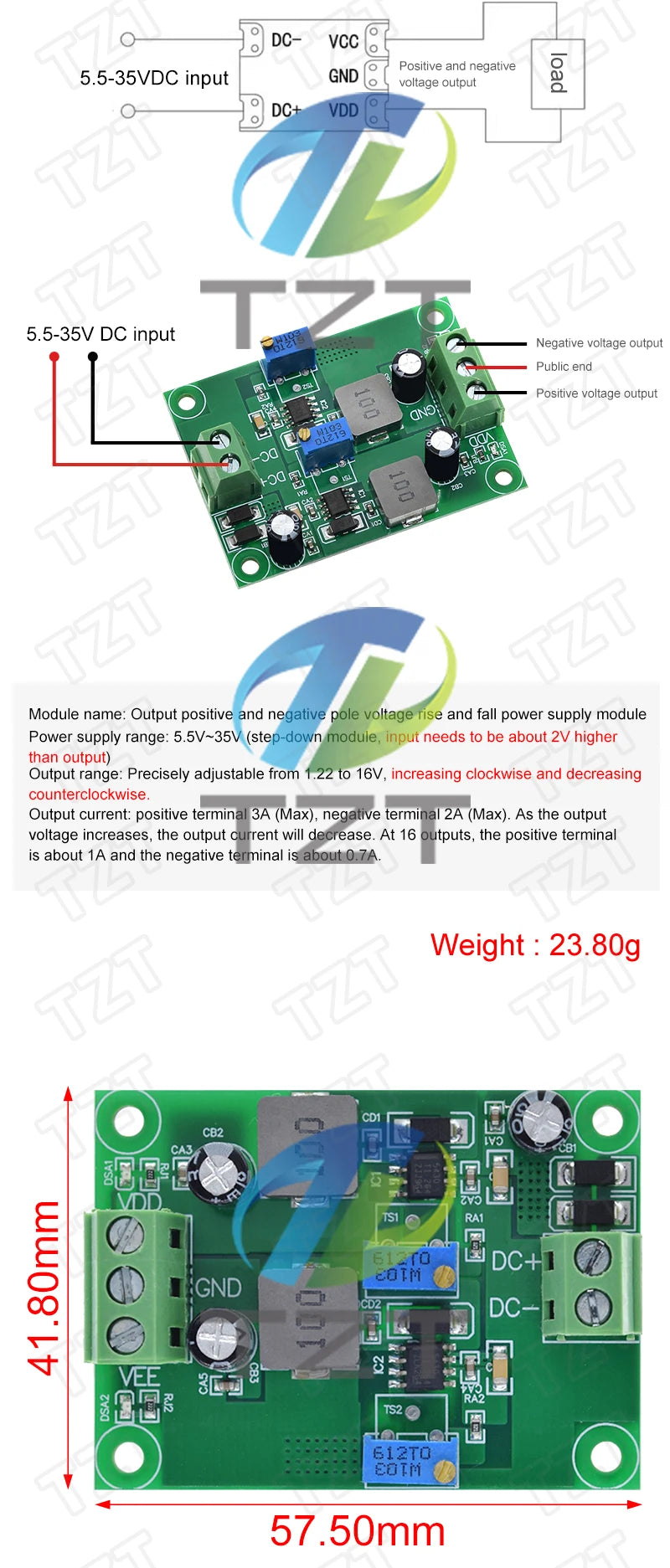 Positive Negative Voltage Stabilizing Power Supply Module Low Ripple Linear Adjustable Stabilizing Voltage Regulator DC 5.5V-35V