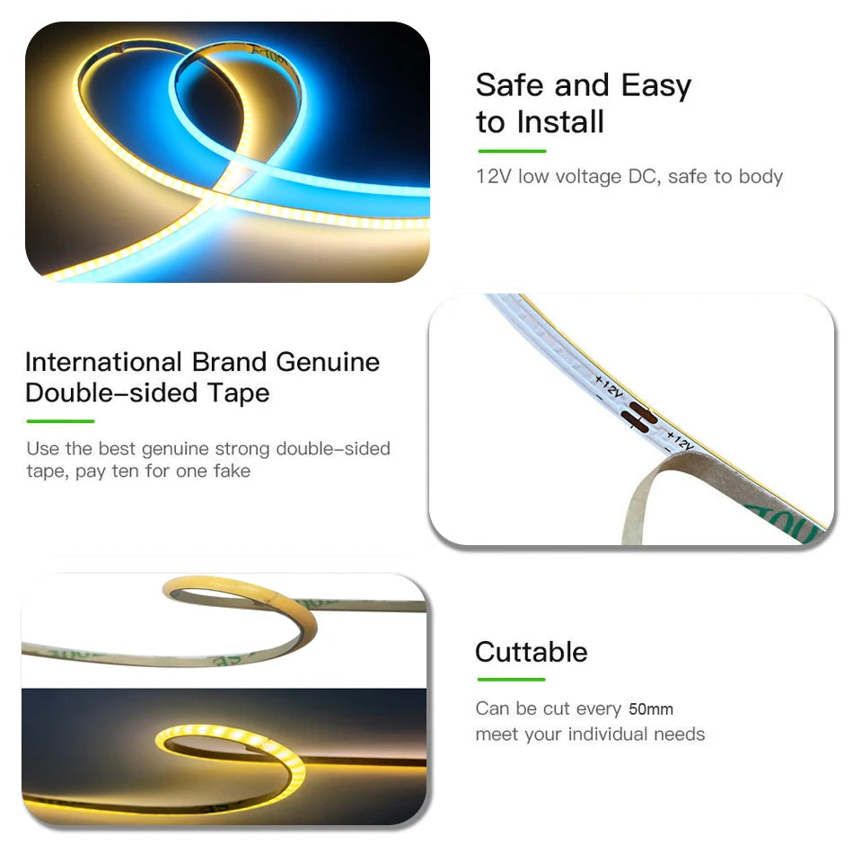 3mm PCB Ultra Thin DC12V 392LEDs/m COB LED Light Strip for Home Decor Car DIY Blue/Green/Red White High Density LED Tape