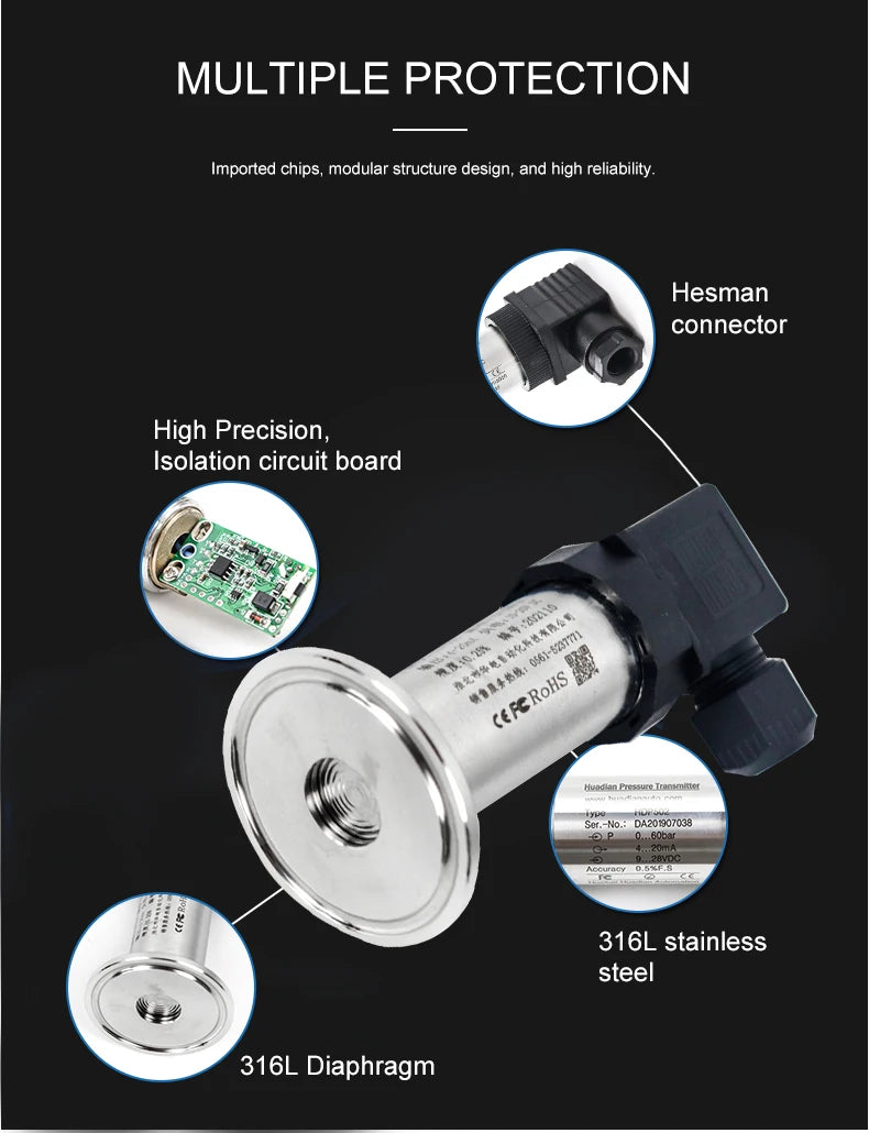 Food Industry Sanitary Diaphragm Pressure Transmitter Flat Film Quick Fit Anti-blocking Clamp 50.5mm Pressure Transducers