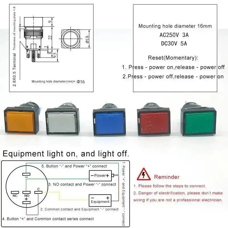 5pcs 16mm Rectangular Power Push Button Switch With Lamp Self Reset Momentary Latching Fixed Lock Five Pin LA16-J-11D LA16-J-11S