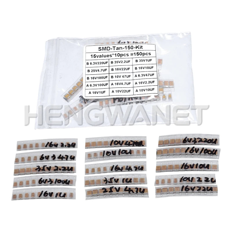 150PCS SMD Tantalum Capacitor Assortment Kit 1uf-220uf A/B Case Tantalum Capacitors Set 1UF 2.2UF 4.7UF 10UF 47UF Capacitors