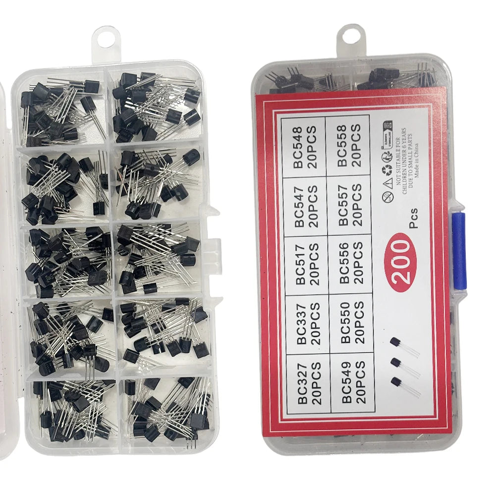 200Pcs Transistor Assortment 10 Values TO-92 Transistor Kit Assortment Box PNP NPN BC547 BC548 BC549 BC550 BC556 BC557