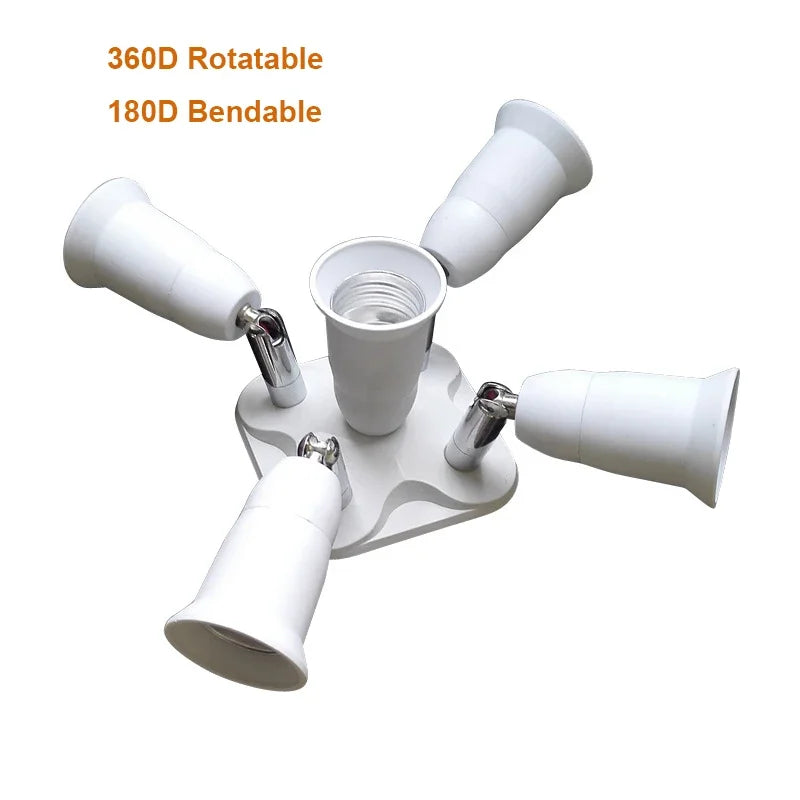 5 in 1 Light Socket Splitter E26 E27 Adapter Converter for Standard LED Bulbs 360 Degrees Adjustable 180Degree Bendable Max 300W