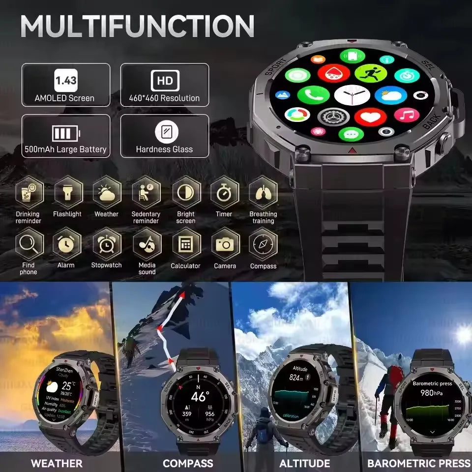 2025 New Military Bluetooth Call Smart Watch Built-in GPS Compass Barometric Altimeter 10ATM Waterproof Sports Smartwatches Men