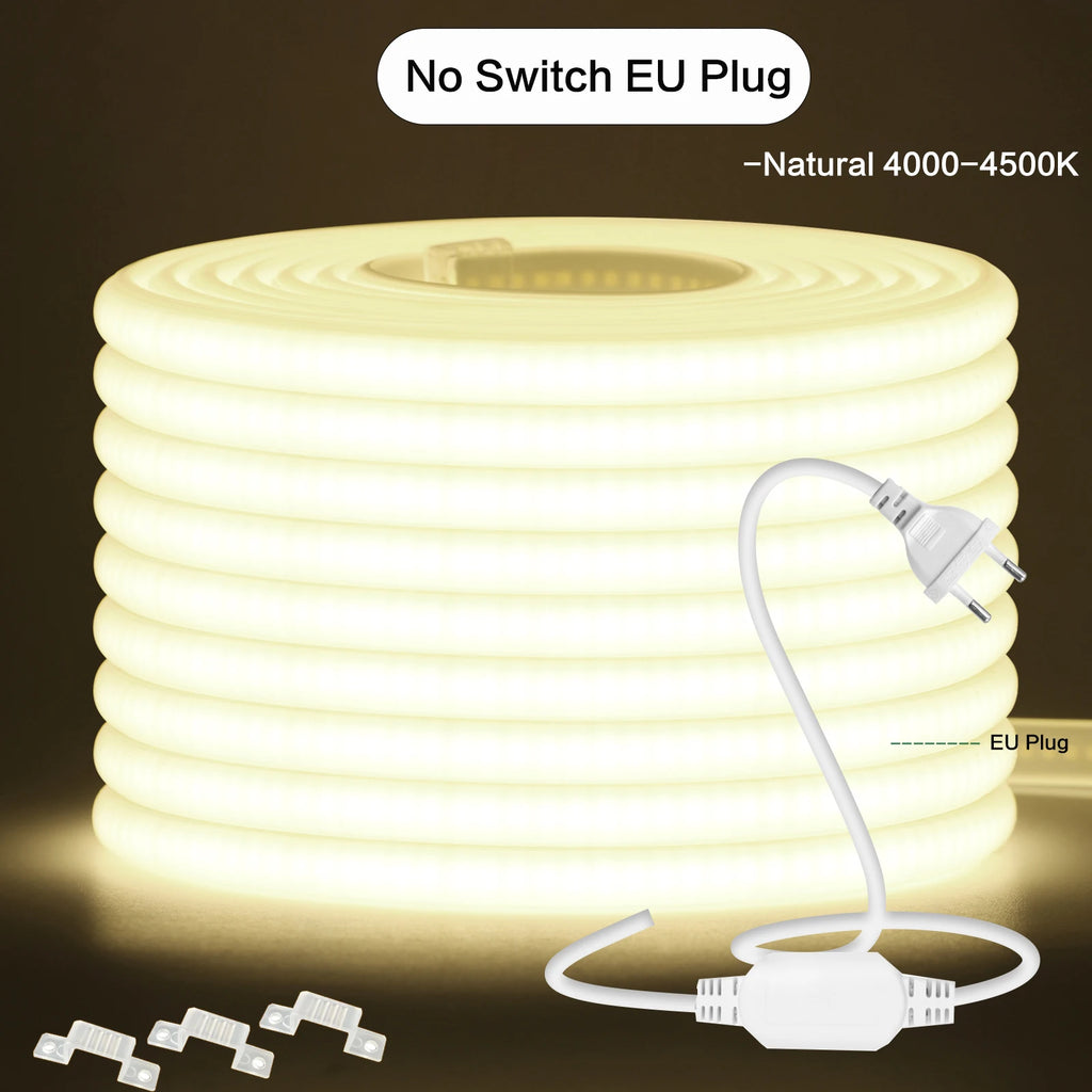 220V COB LED Strip Light With Switch/Dimmer Plug Super Bright 288LEDs/M IP65 3000K 4000K 6000K High Quality Indoor Outdoor Decor