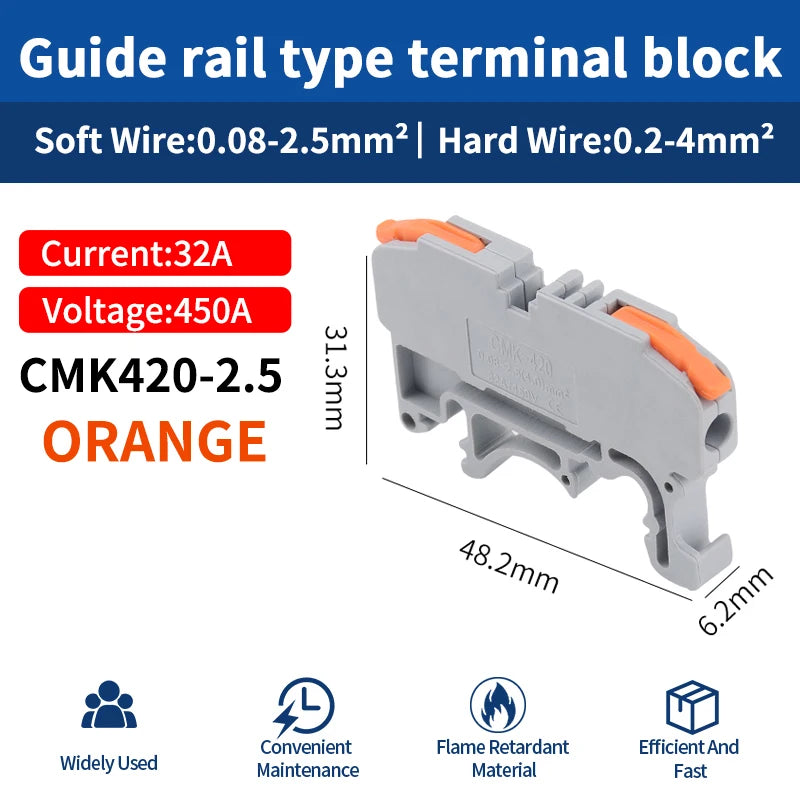 JINH CMK420 One-Flip Lever DIN Rail Terminal Push-in Wire Release Compact Conductor Block Orange Option for Electronics
