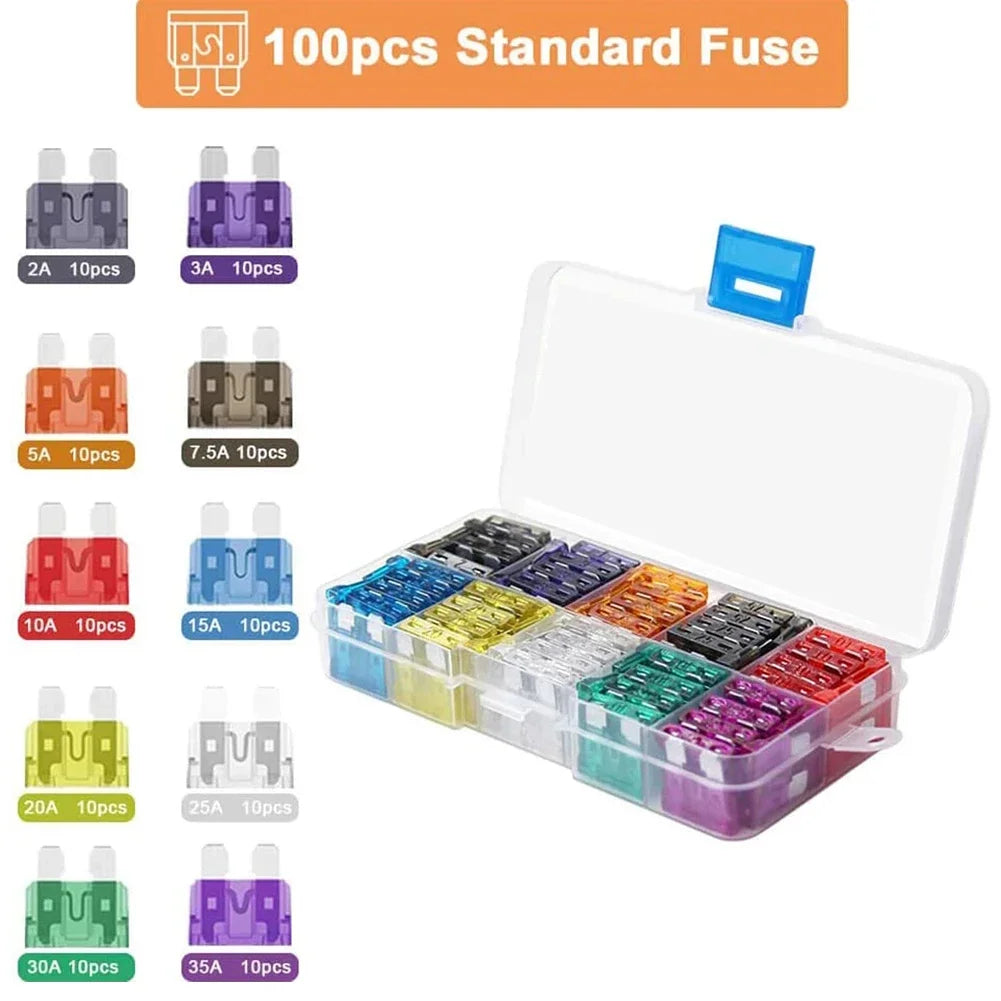 100-500Pcs Auto Fuse Kit Car Fuse Assortment Blade Type Fuse Assorted Kit with Box 2A 3A 5A 7.5A 10A 15A 20A 25A 30A 35A 10Types