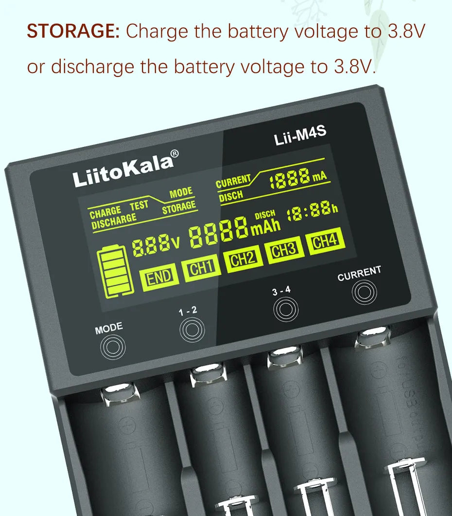 LiitoKala for 18650/26650/AA/AAA Li-ion/Ni-MH LCD Display Safe Fast Charging Lii-M4/M4S 4-Slot Smart Charger