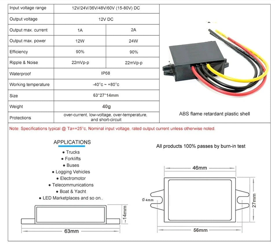 24V 36V 48V 60V to 12V 1A-5A Buck DC Power Converter 60V-12V Step-down Voltage Regulator Transformer Car Truck Boat Supply