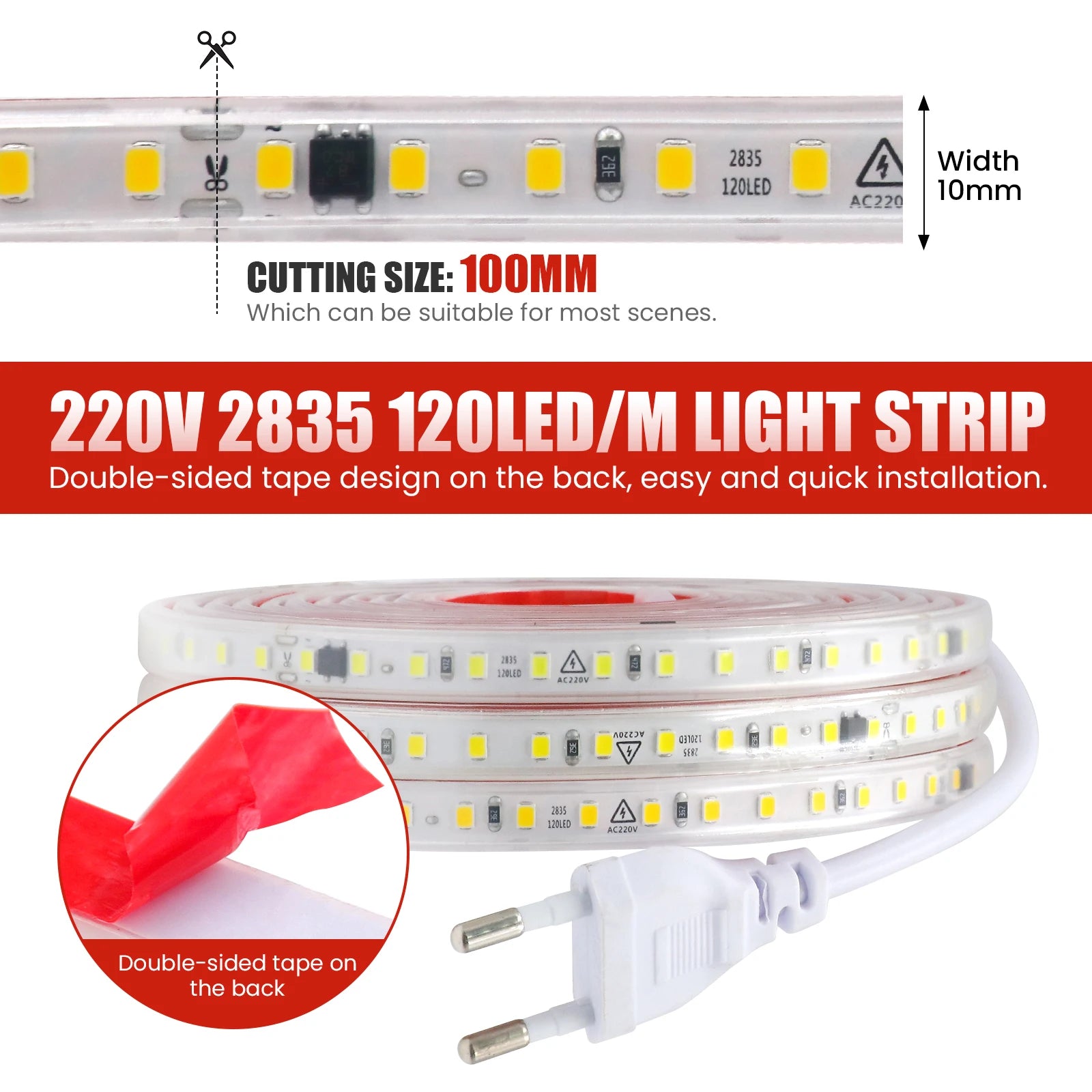 220V LED Strip 2835 120LEDs/m Waterproof 0.5M 5M 10M 20M 30M 40M Flexible Lamp Adhesive Tape White Red Green Ice Blue Pink
