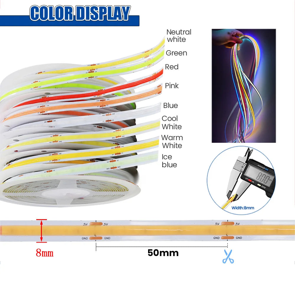5V USB COB Led Strip Light White/Red/Green/Pink/Ice Blue/Yellow 320 Leds Flexible Ribbon DC Night Lamp TV Backlights Home Decor