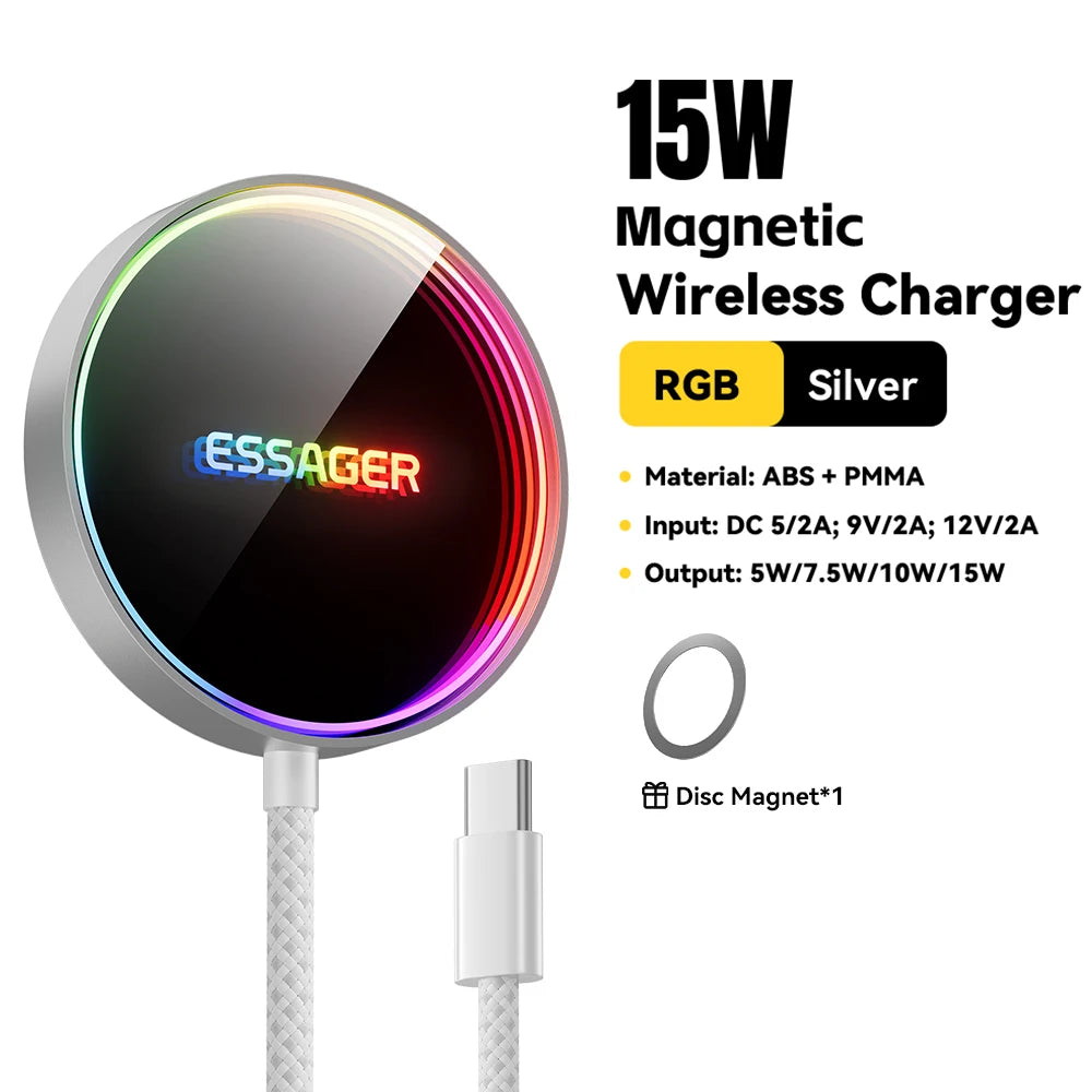 ESSAGER 15W Magnetic Wireless Chargers Qi Qi2 Wireless Charger Fast Charging Pad for iPhone 17 16 15 14 Mini Phone Charger