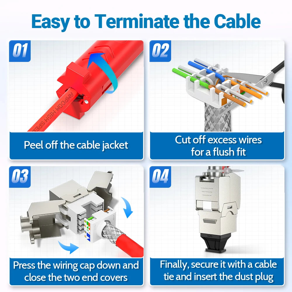 AMPCOM Pro Cat7/6A/6 Shielded Keystone Jack, Zinc Alloy Toolless RJ45 Connector with 50u Gold Plated Pins for High-Speed Network