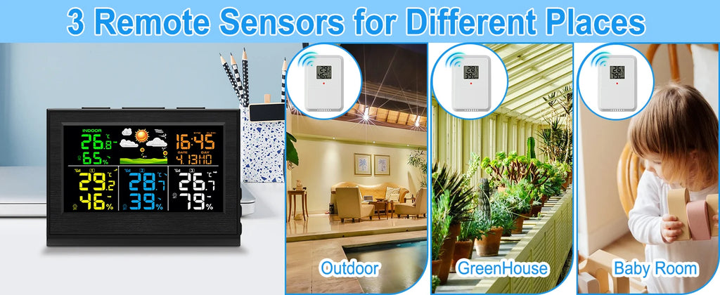 Wireless Weather Station with 3 Sensors 8 Channels 100m Range Indoor/Outdoor Thermometer Hygrometer Alarm Clock for Home Office