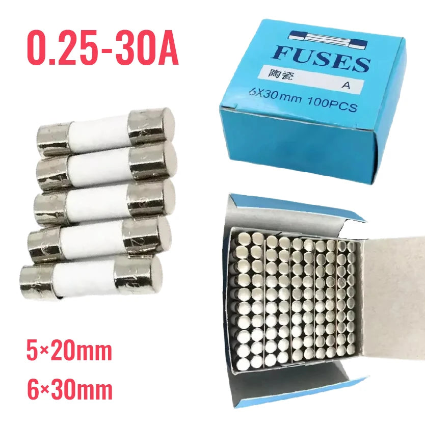 0.25A 0.5A 1A 2A 3A 4A 5A 6A 6.3A 8A 10A 15A 20A 25A 30A Ceramic Fuse 5x20 6x30 Mm