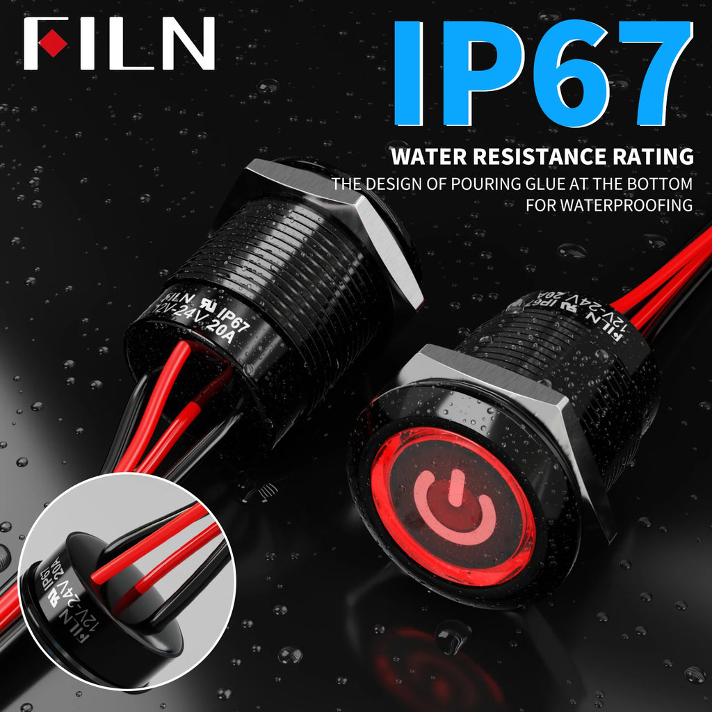 2pcs 19mm Blue LED Latching Push Button Switch, 12V-24V Wide Voltage 20A IP67 Waterproof Marine Switch with 180 Symbols for Car