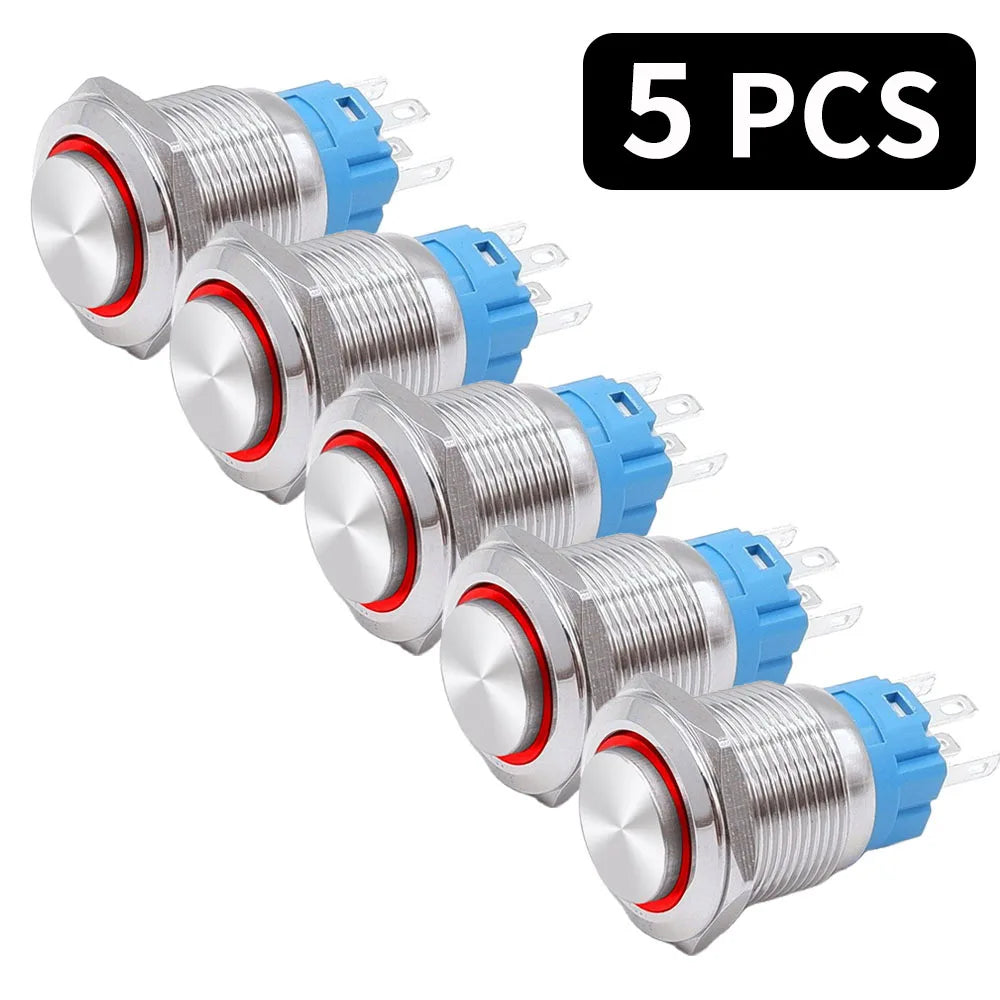 5 PCS 16mm 19mm 22mm Metal Push Button Switch 12v Ring Power Buttons Waterproof LED Light Self-lock Self-reset 220V High Head