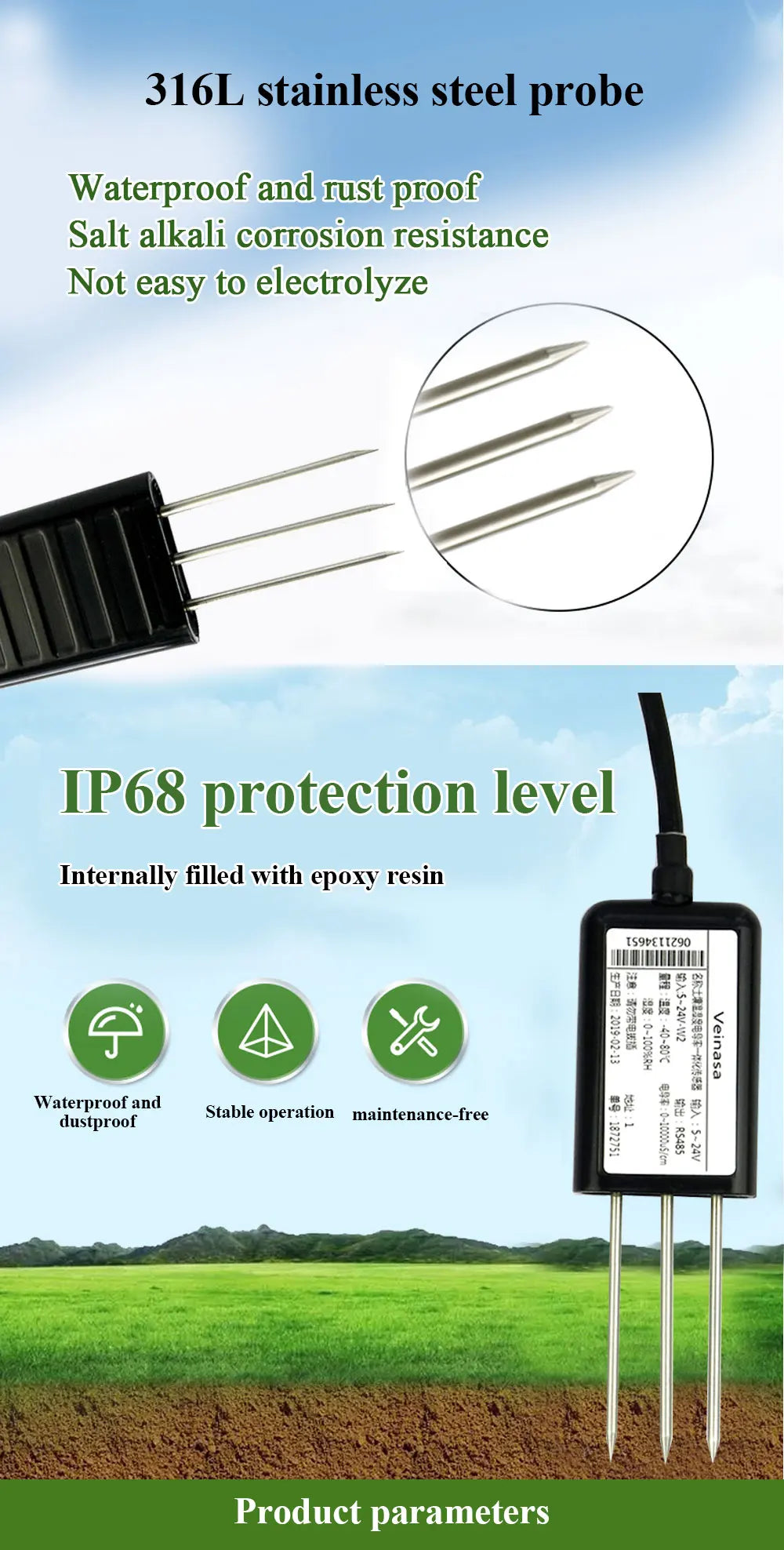 TR-THC03O 3 in 1 Soil Temperature Humidity Conductivity Sensor Soil Moisture Temperature EC Sensor Portable Soil Sensor