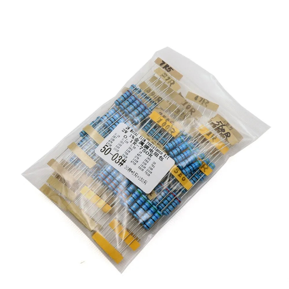 150Pcs 30 Values 2W Metal Film Resistor Kit 1% Tolerance 5 Color Bands 0 1R to 750R Common Values Assortment for Audio Amplifier