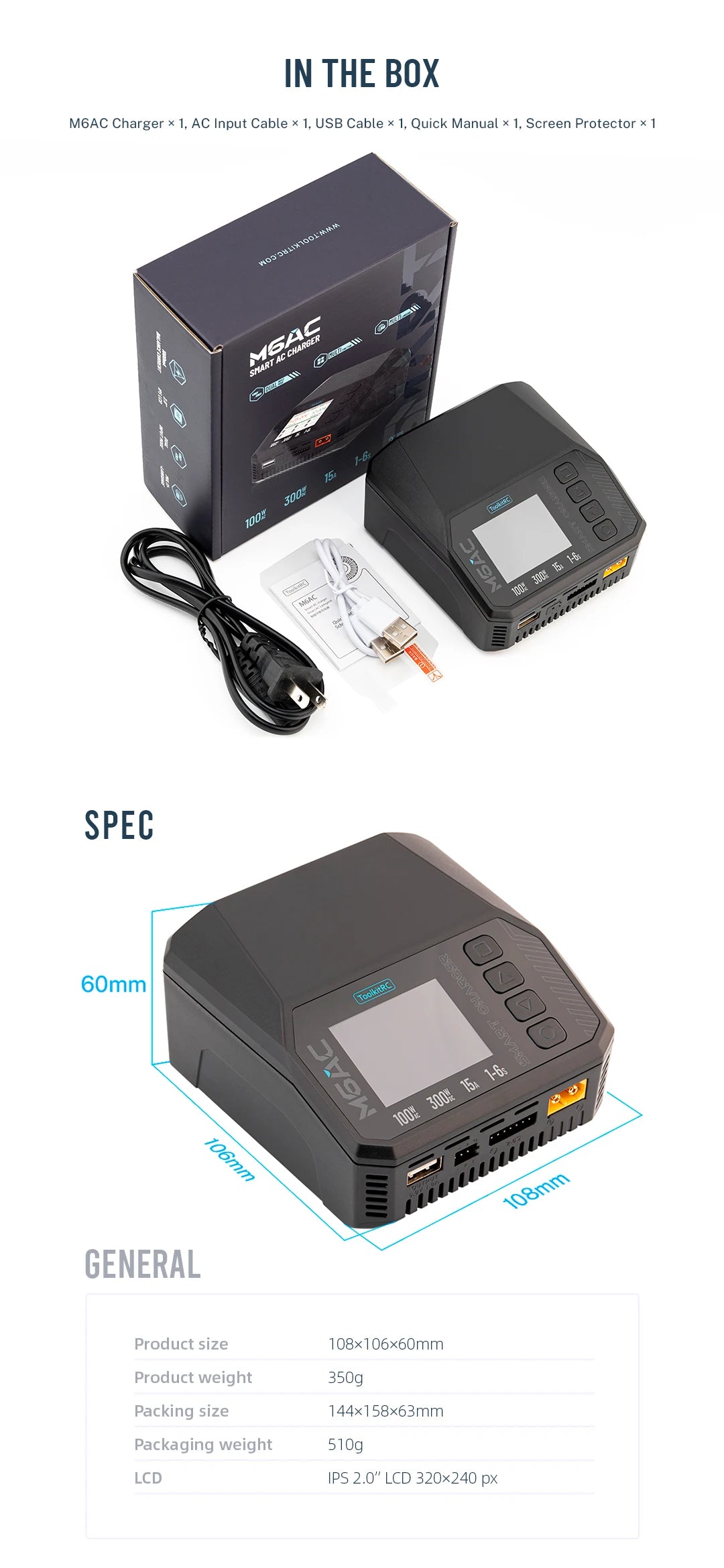 ToolkitRC M6AC 15A 300W Multifunctional LiPo Battery Charger Smart 1-6S Balance for RC Models - High Power RC Accessory