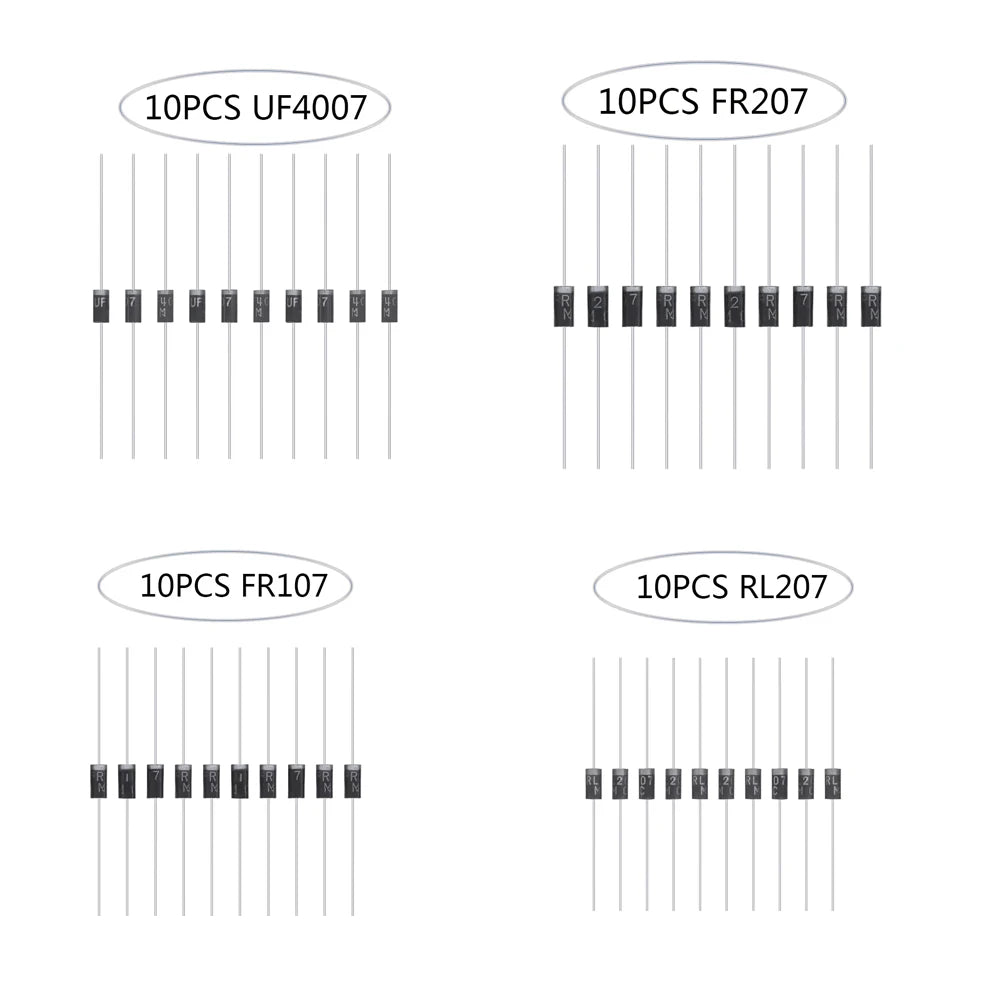 4 Value Fast Recovery Rectifier Diode UF4007 FR207 FR107 RL207 Axial Doorbell Schottky Diode Switching Dioden Each Modle 10PCS