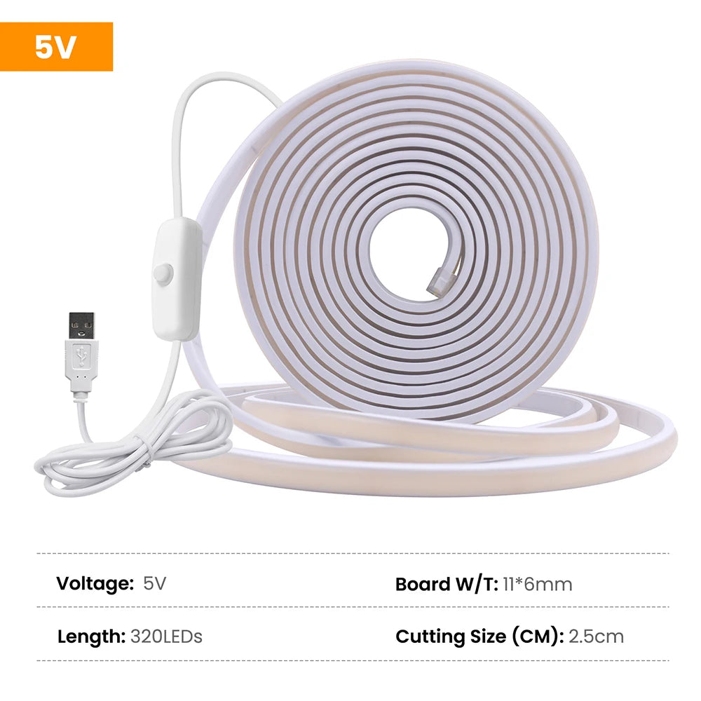 IP68 Waterproof Flexible Neon Rope Light USB COB LED Strip 5V ON OFF Switch 320 LEDs/m Natural Warm White 0.5m 1m 2m 3m 4mm 5m