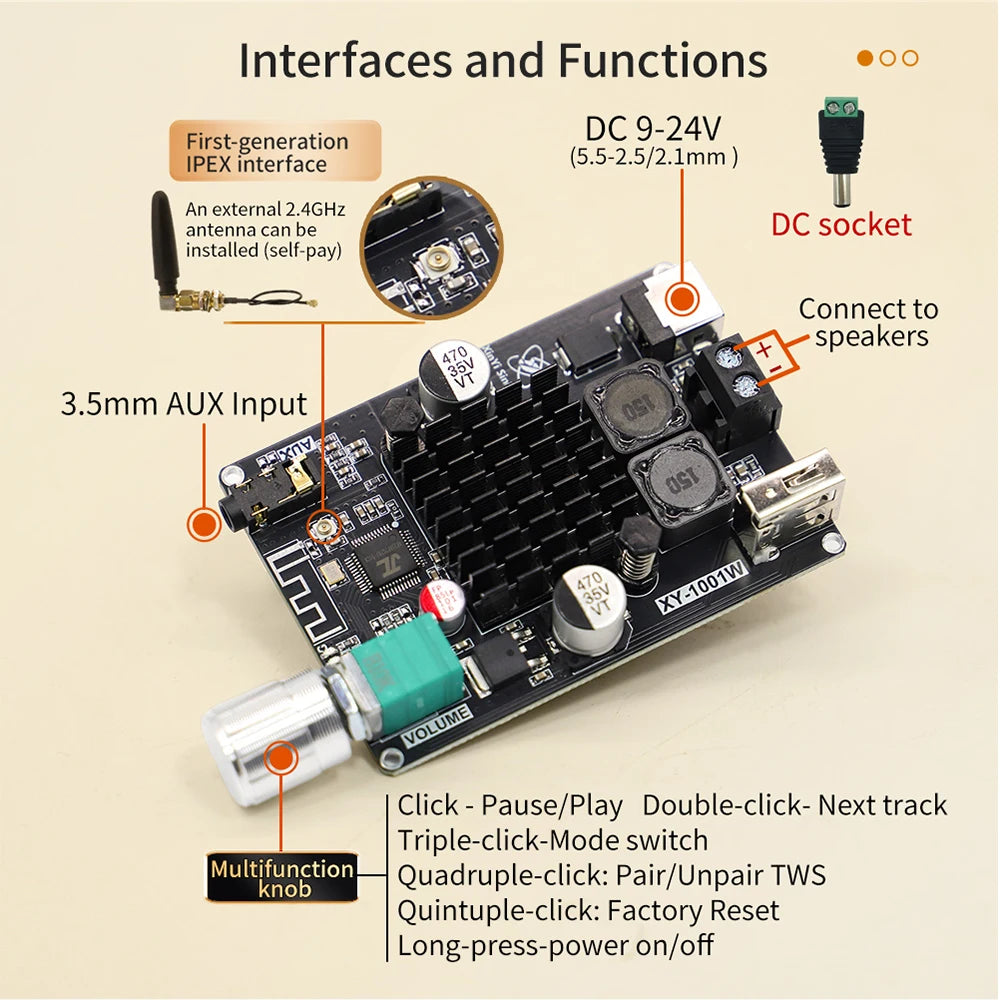 XY-1001W 100W Mono Digital Power Amplifier Board TPA3116D2 Audio Stereo Subwoofer Amplifier Board Bluetooth AUX DC 9-24V