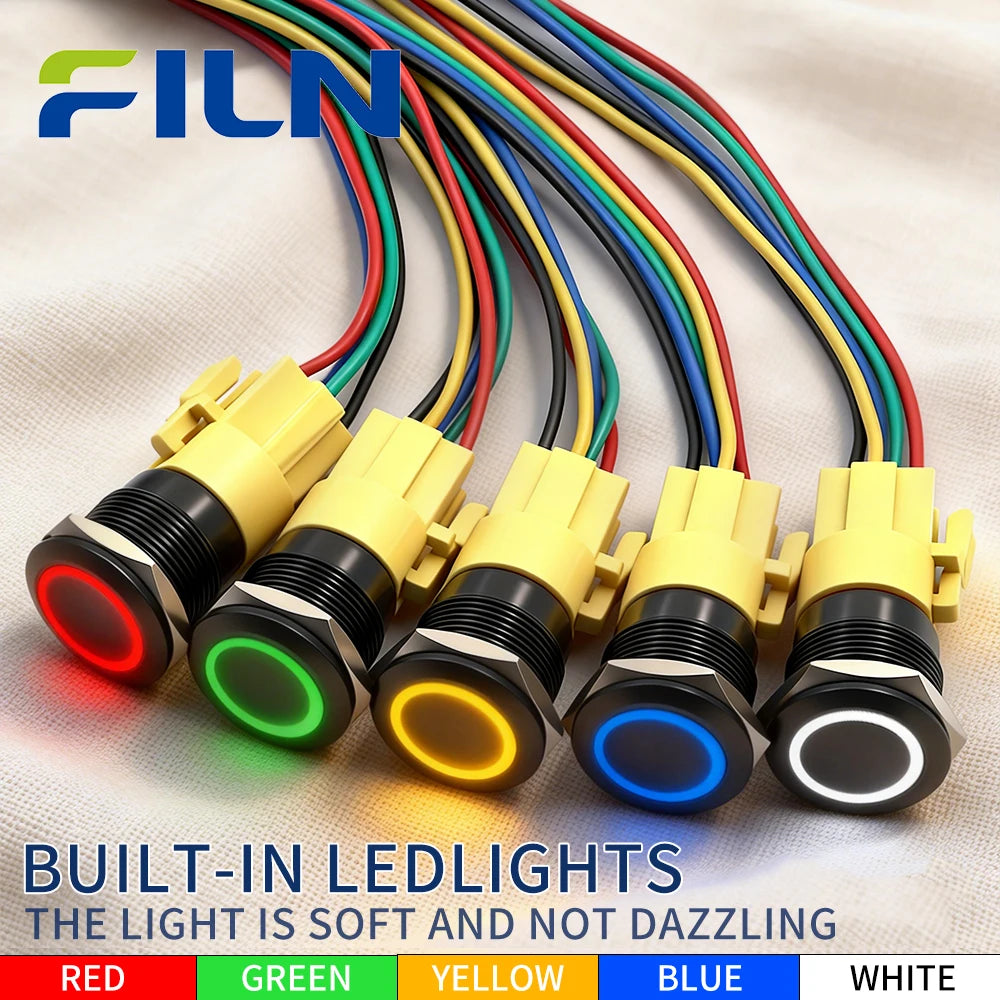 FILN 2PCS 19mm 12V 24V Push Button Switch Ring Button Latching IP65 Waterproof with LED 1NO1NC Pre-Wired Harness 5Amp Marine car