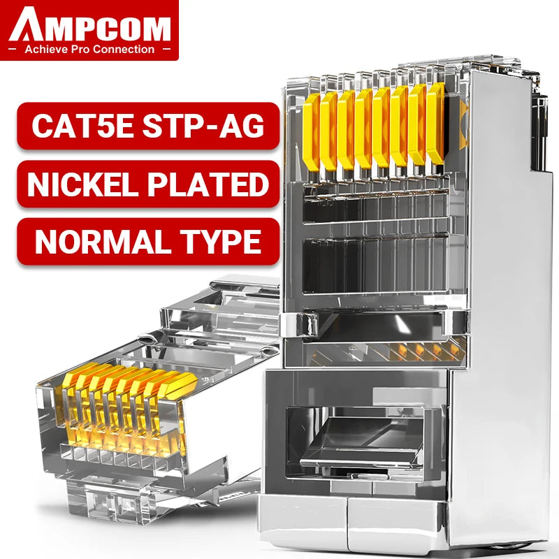 AMPCOM RJ45 Connector 50U Gold Plated CAT7 CAT6 CAT5E Pass through Modular Plug 8P8C Crimp End for Solid Wire Stanrded Ethernet