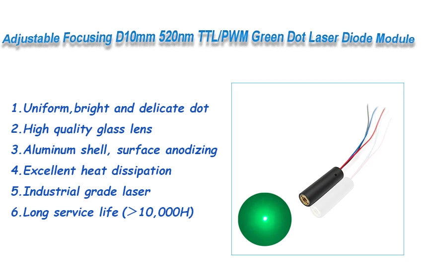 Green Dot TTL PWM Laser Diode Model Adjustable Focusing D10mm 520nm 0.5mw 1mw 5mw 10mW Glass Lens Green Laser Industrial Grade
