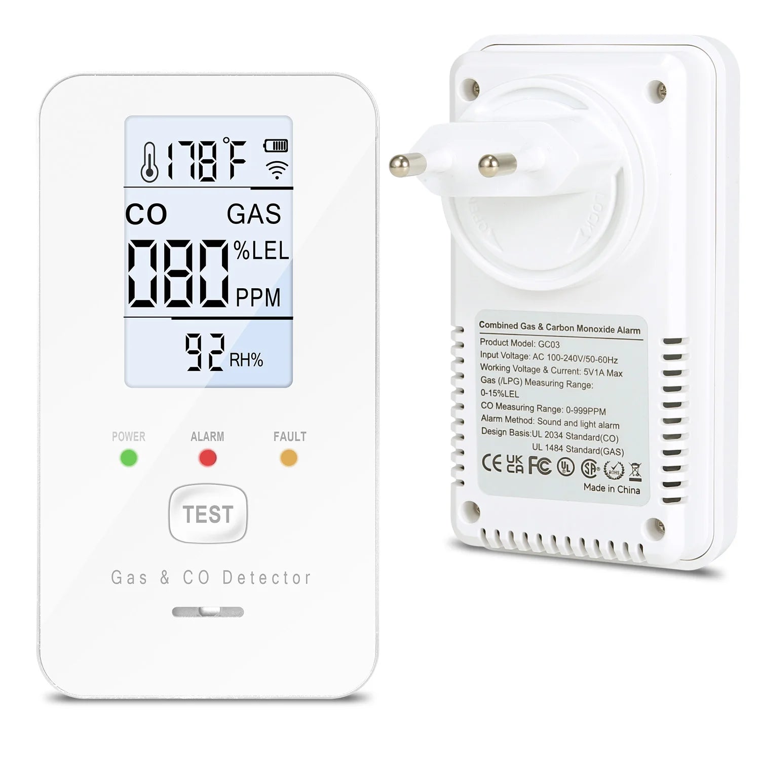 Natural Gas & Carbon Monoxide Detector, Plug in Carbon Monoxide Alarm,Propane,Methane,4-in-1 Combustible Gas & CO Detector Alarm