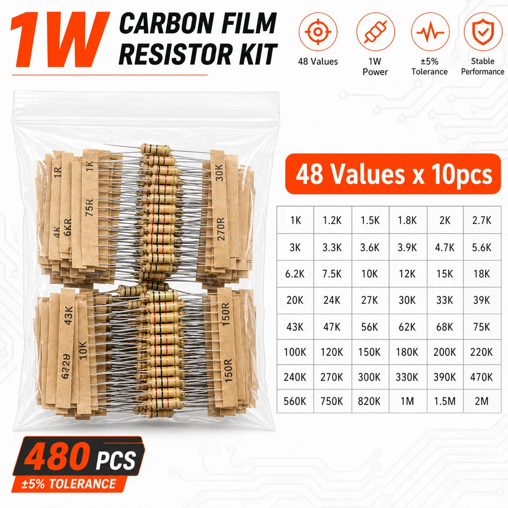 Carbon Film Resistor Kit 1/8W 1/4W 1/2W 1W 2W 3W 5W 5% 4 Band Through Hole Axial Lead Resistor DIY Electronic Components