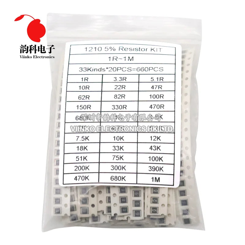 0402 0603 0805 1206 1210 2512 SMD Resistor Assorted Kit 10K 100K 1K 1R 100R 220R Resistance 1% 5% Sample Pack
