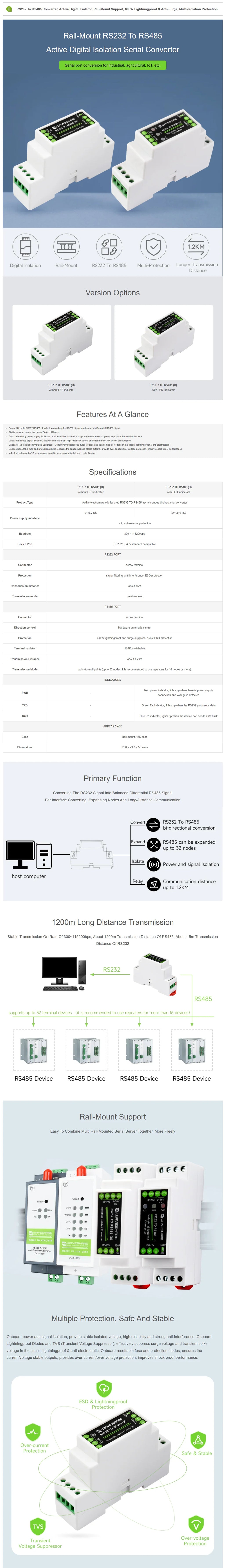 Waveshare RS232 To RS485 Converter (B), Active Digital Isolator, Rail-Mount support, 600W Lightningproof & Anti-Surge 6~36V DC