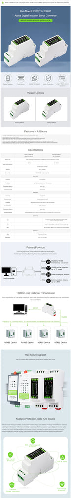 Waveshare RS232 To RS485 Converter (B), Active Digital Isolator, Rail-Mount support, 600W Lightningproof & Anti-Surge 6~36V DC