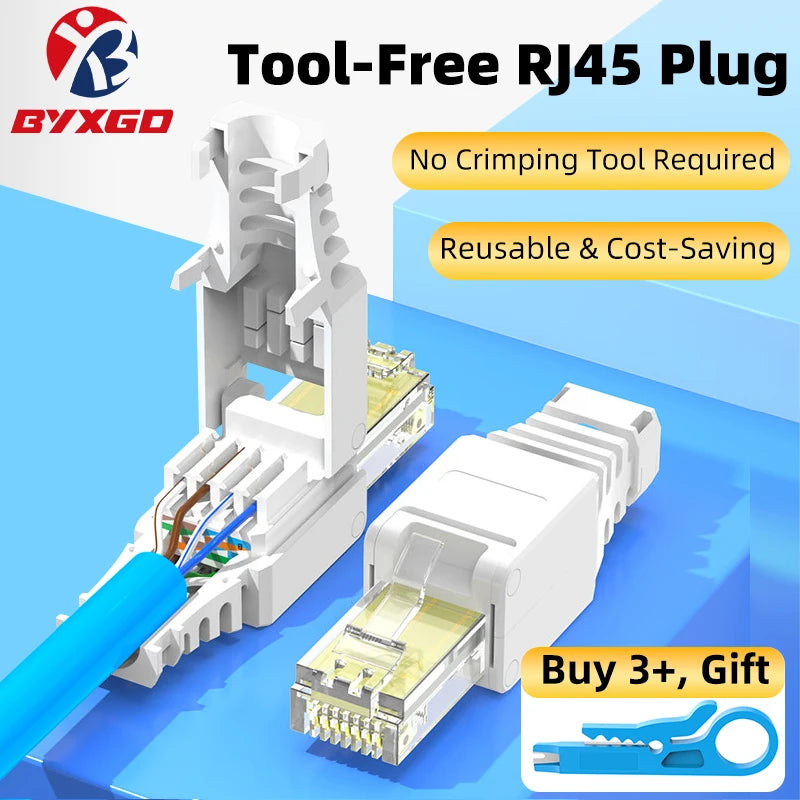 BYXGD Toolless RJ45 Connectors 100Mbps 1000Mbps 10Gbps Tool Free Reusable Cat5e Cat6a Cat7 Metal Plug Ethernet Plug Shielding