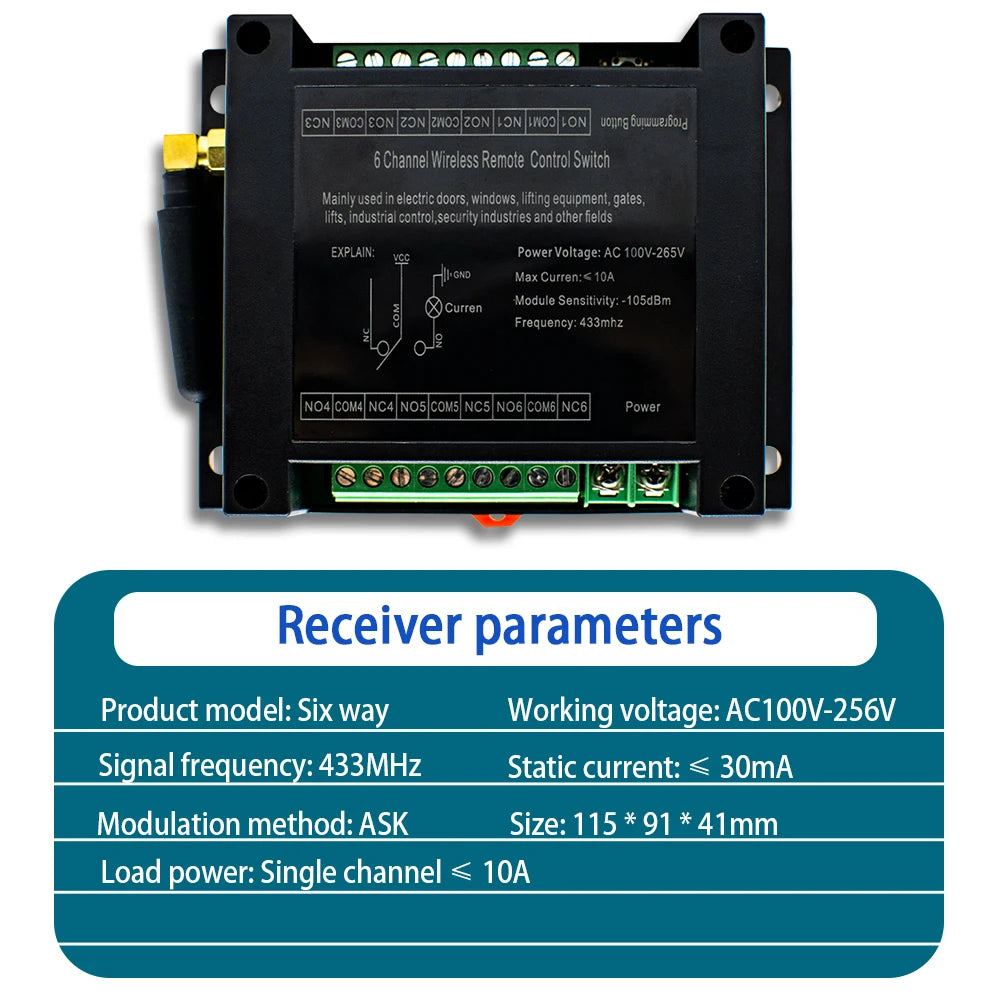 6/8CH Wireless Remote Control Switch AC 220V 100V-265V 10A Relay 6/8 Channels 433MHz Industrial Controller Receiver Transmitter