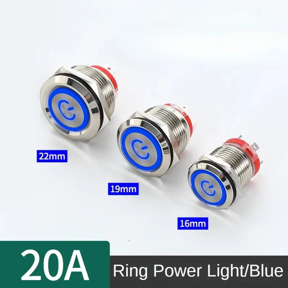 16/19/22mm 20A High Current Metal Push Button Switch IP67 Waterproof LED Light Momentary Latching Car Engine Power Switch Red